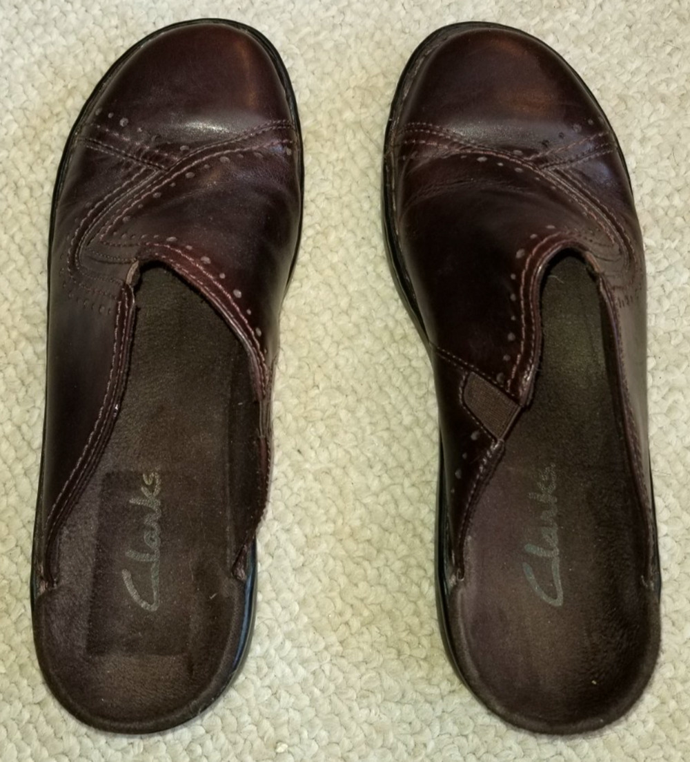 Womens Shoes-CLARKS-brown leather topstitched Clog Mules slip on-6 M